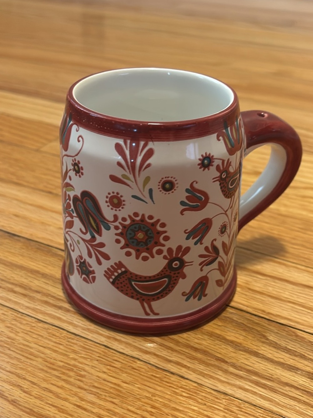 Vintage Mid Century Hand-Painted Red Folk-Art Bird Ceramic Mug